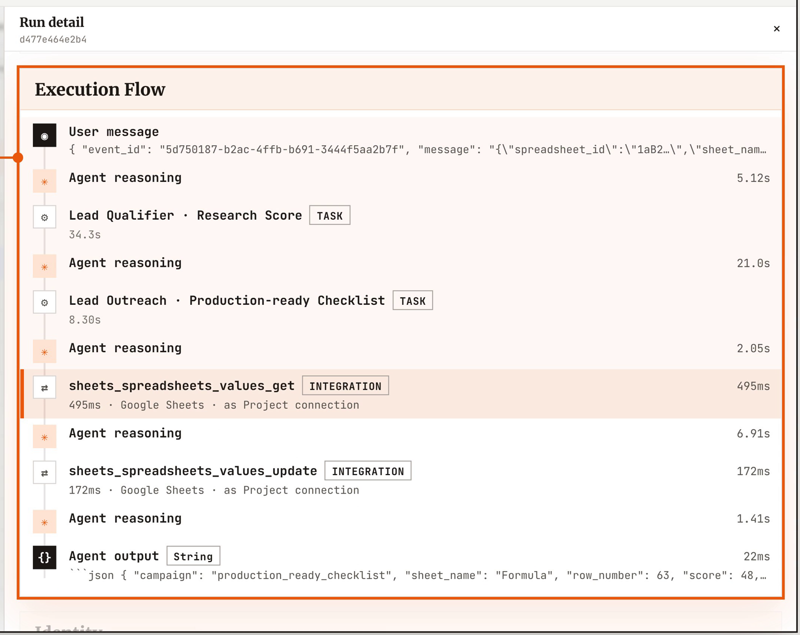 The execution flow for a lead qualifier, from incoming message through reasoning, tasks and Google Sheets calls to final output.