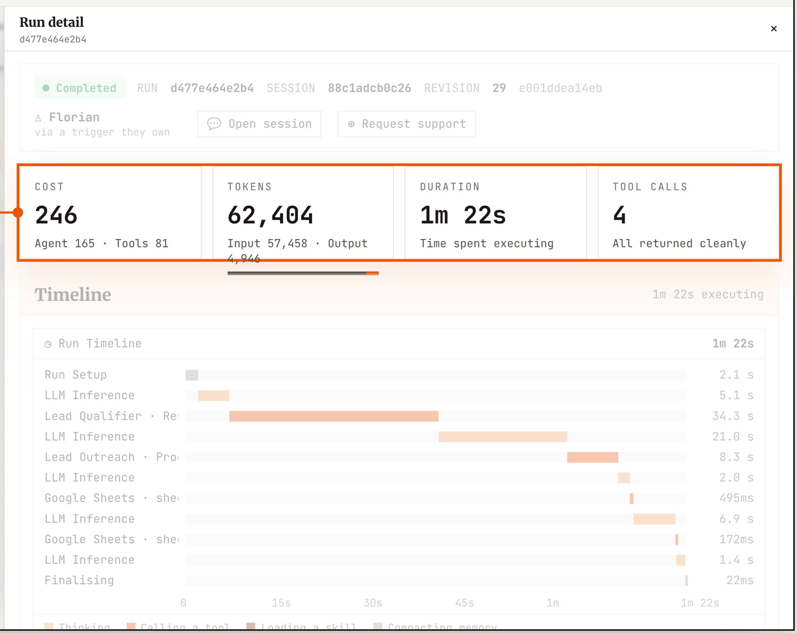 Run detail metrics for cost, tokens, duration and tool calls.