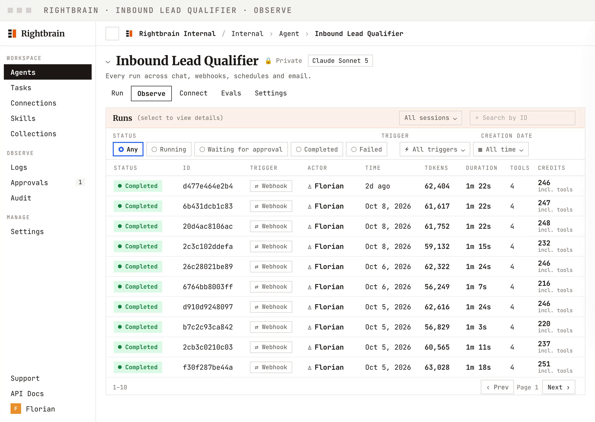 The Agent Observe run list, showing statuses, triggers, actors, dates, token counts, duration, tool calls and credits.