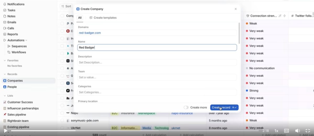 A new company record being created in the Attio CRM interface.