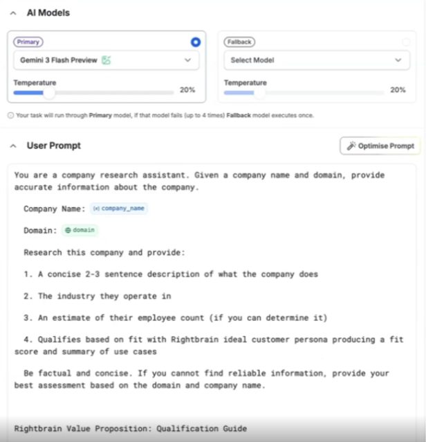 The Rightbrain task configuration showing model selection and the research prompt.