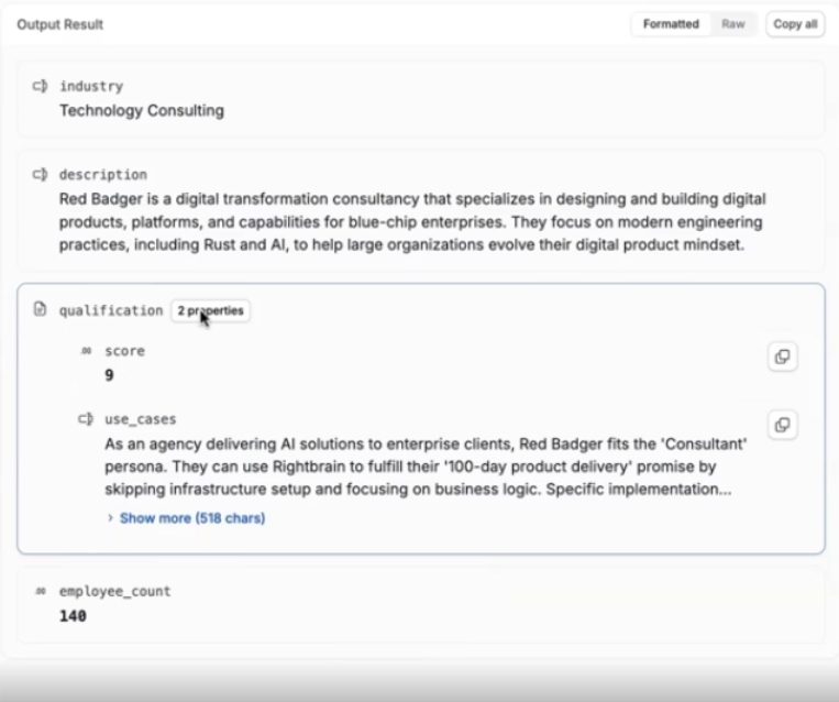 Structured output with description, industry, qualification score and use cases.