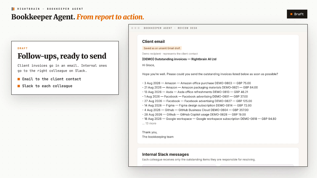 A client email draft listing outstanding invoices with dates, suppliers, descriptions and amounts.