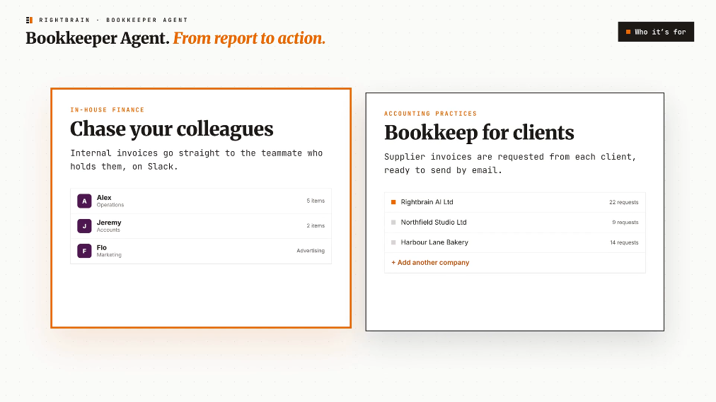Bookkeeper Agent views for chasing internal colleagues and managing missing invoices across accountancy clients.