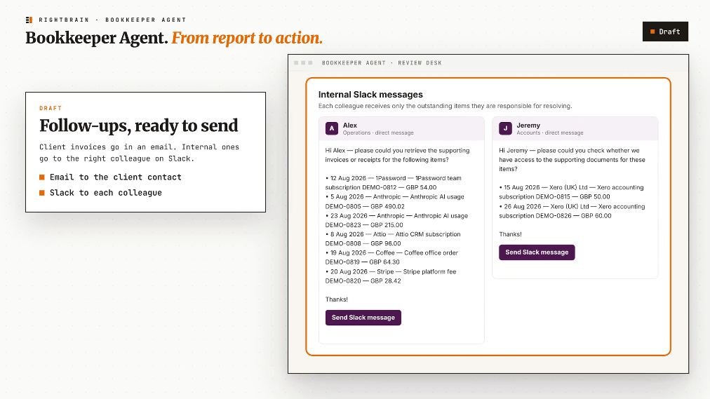 Separate internal Slack messages for Alex and Jeremy, each listing only the invoices they are responsible for.