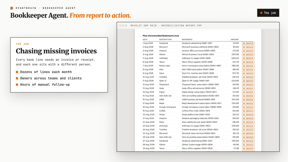 A reconciliation report with outstanding transactions, illustrating the work of chasing missing invoices.