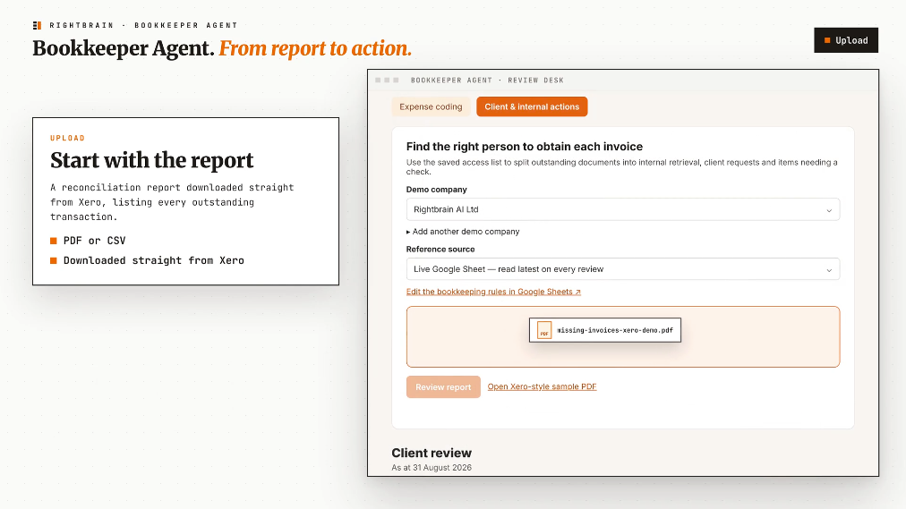Bookkeeper Agent with a company selector, live Google Sheet responsibility list and uploaded reconciliation report ready to review.