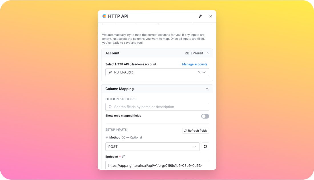 Configuring Clay's HTTP API enrichment to call the Rightbrain API.
