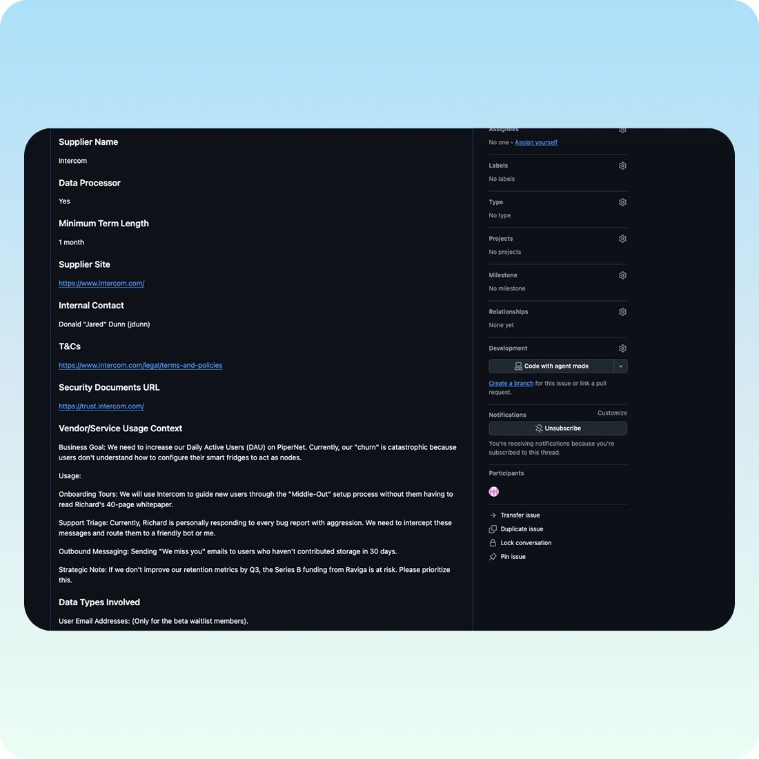 A vendor request raised as a standard GitHub Issue.