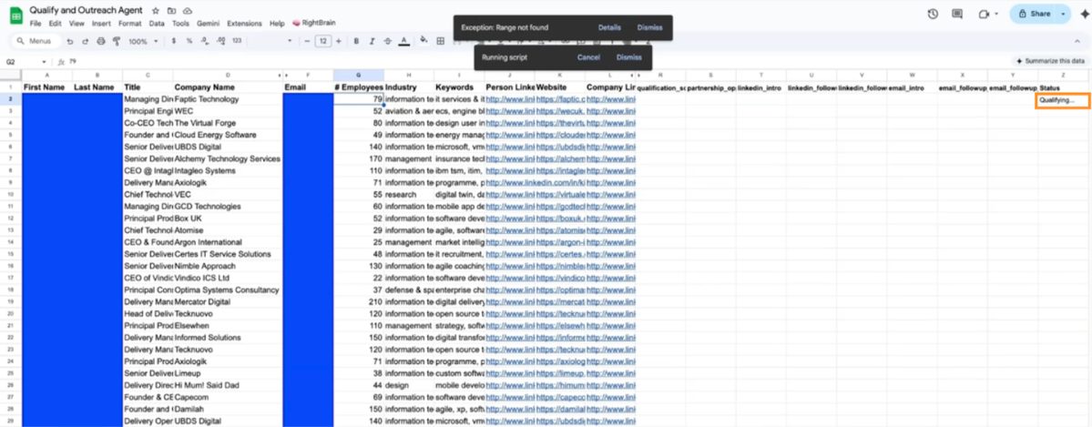 A prospect list of companies and contacts in Google Sheets.
