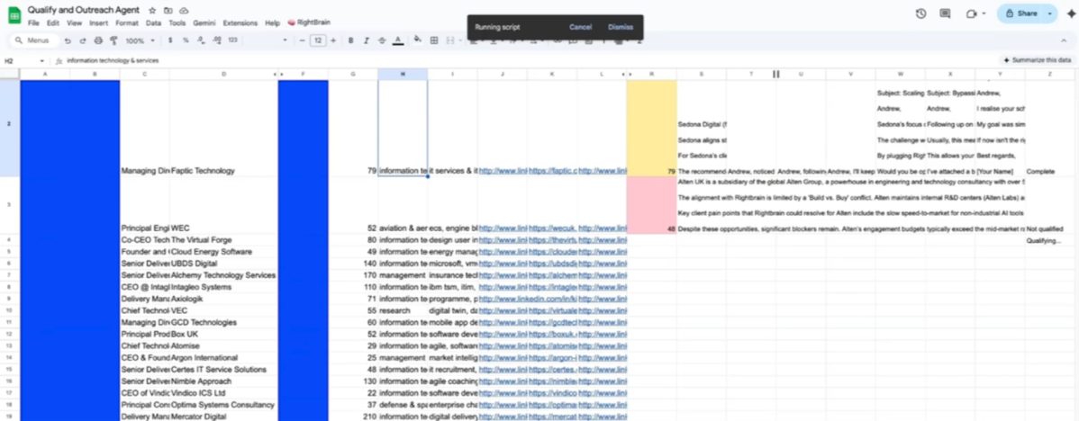 Qualification research and opportunity summary written back into the sheet.