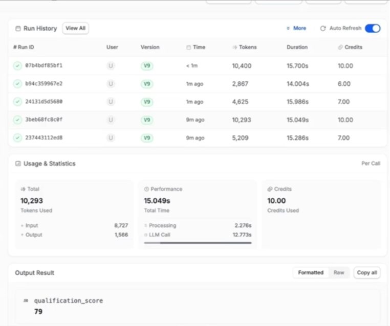 A Rightbrain run history showing usage, tokens and cost.