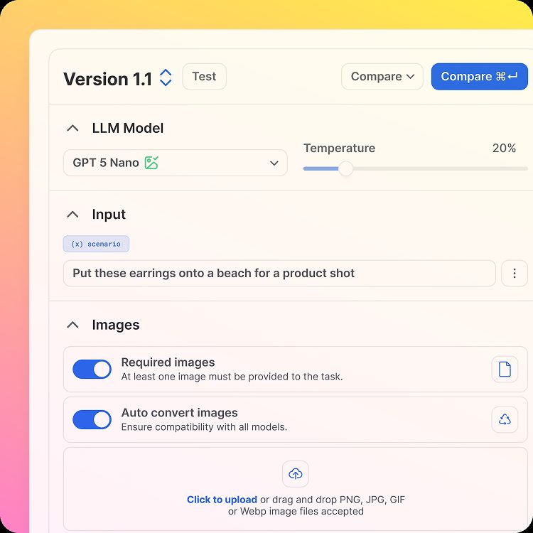 Uploading a product image and describing the scene to generate.