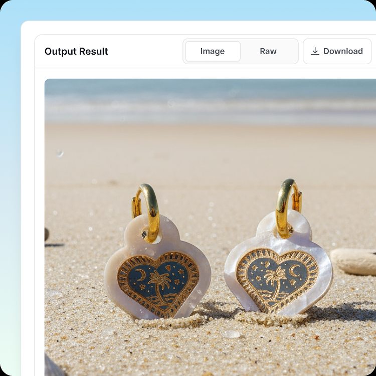 The generated on-brand product shot of earrings on a beach.
